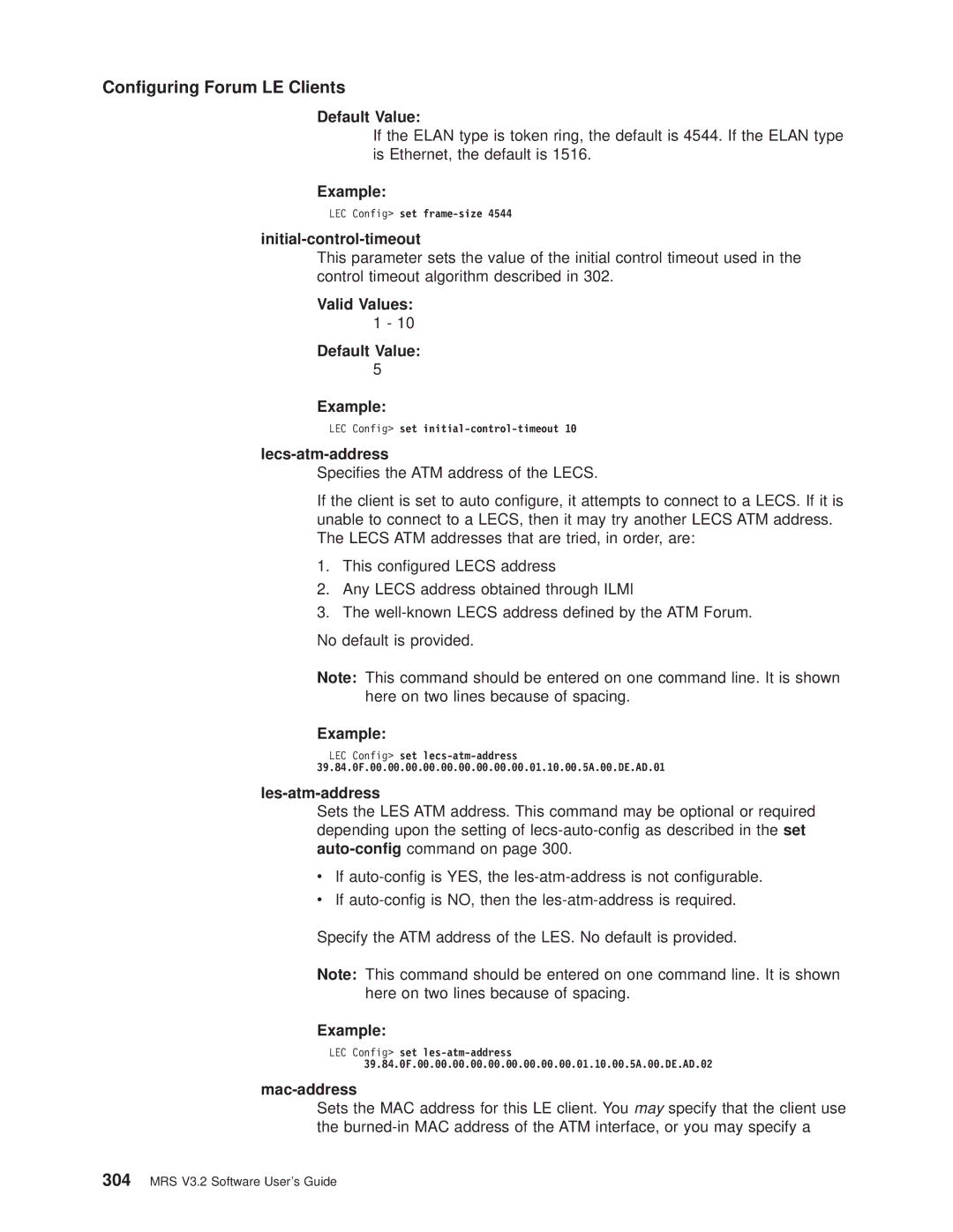 IBM SC30-3681-08 manual Initial-control-timeout, Valid Values Default Value Example, Lecs-atm-address, Les-atm-address 