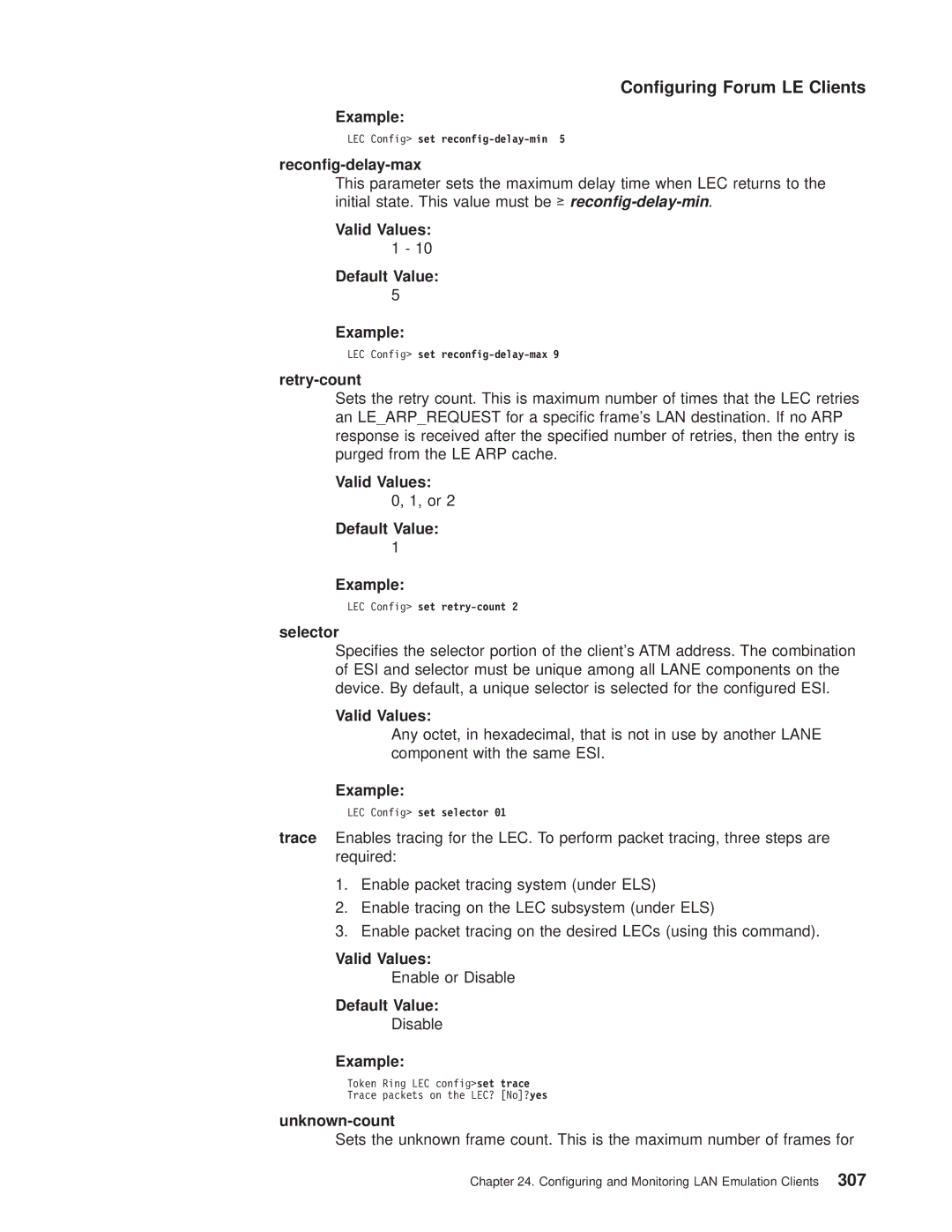 IBM SC30-3681-08 manual Recong-delay-max, Retry-count, Selector, Enable or Disable, Unknown-count 