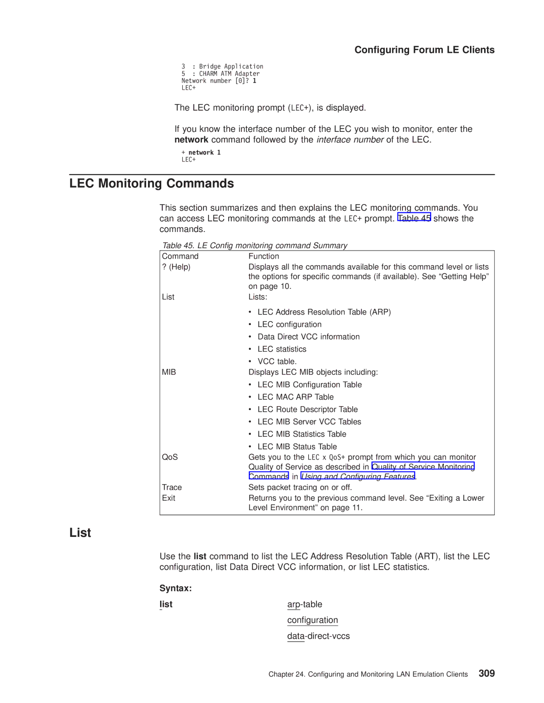 IBM SC30-3681-08 manual LEC Monitoring Commands, Arp-table, Data-direct-vccs, LE Cong monitoring command Summary 