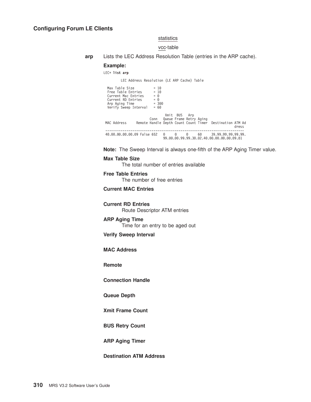 IBM SC30-3681-08 manual Arp, Max Table Size, Free Table Entries, Current MAC Entries Current RD Entries, ARP Aging Time 