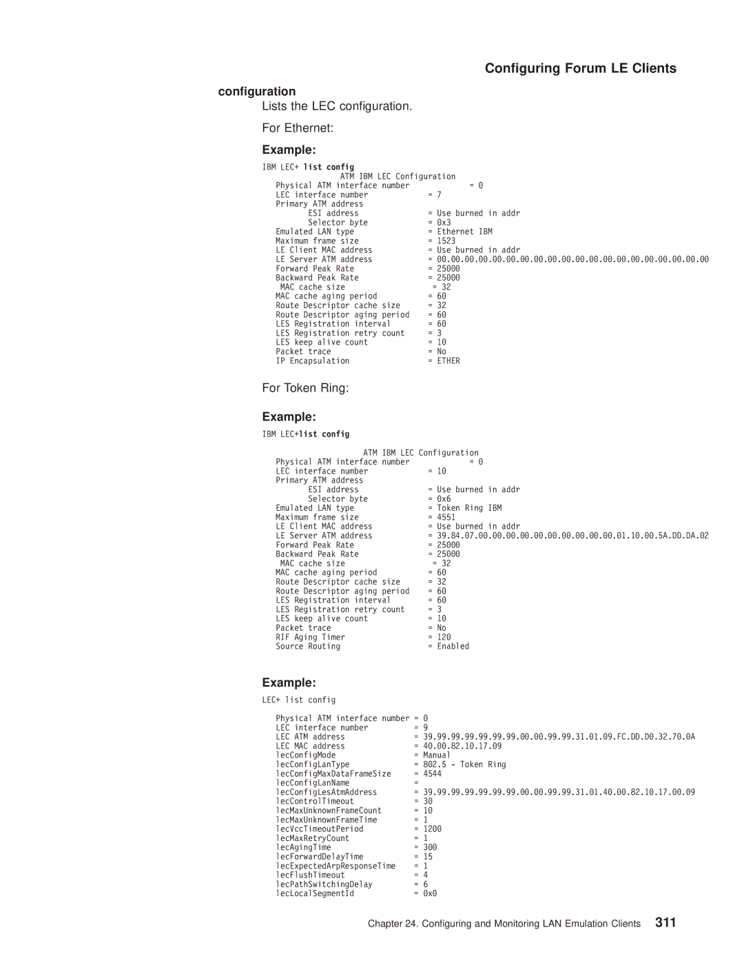 IBM SC30-3681-08 manual Lists the LEC conguration For Ethernet, For Token Ring, IBM LEC+ list config, IBM LEC+list config 