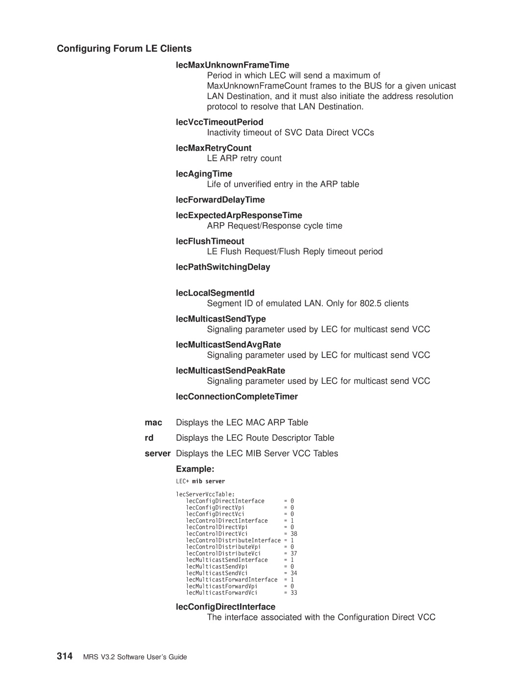 IBM SC30-3681-08 manual LecMaxUnknownFrameTime, LecVccTimeoutPeriod, LecMaxRetryCount, LecAgingTime, LecFlushTimeout 