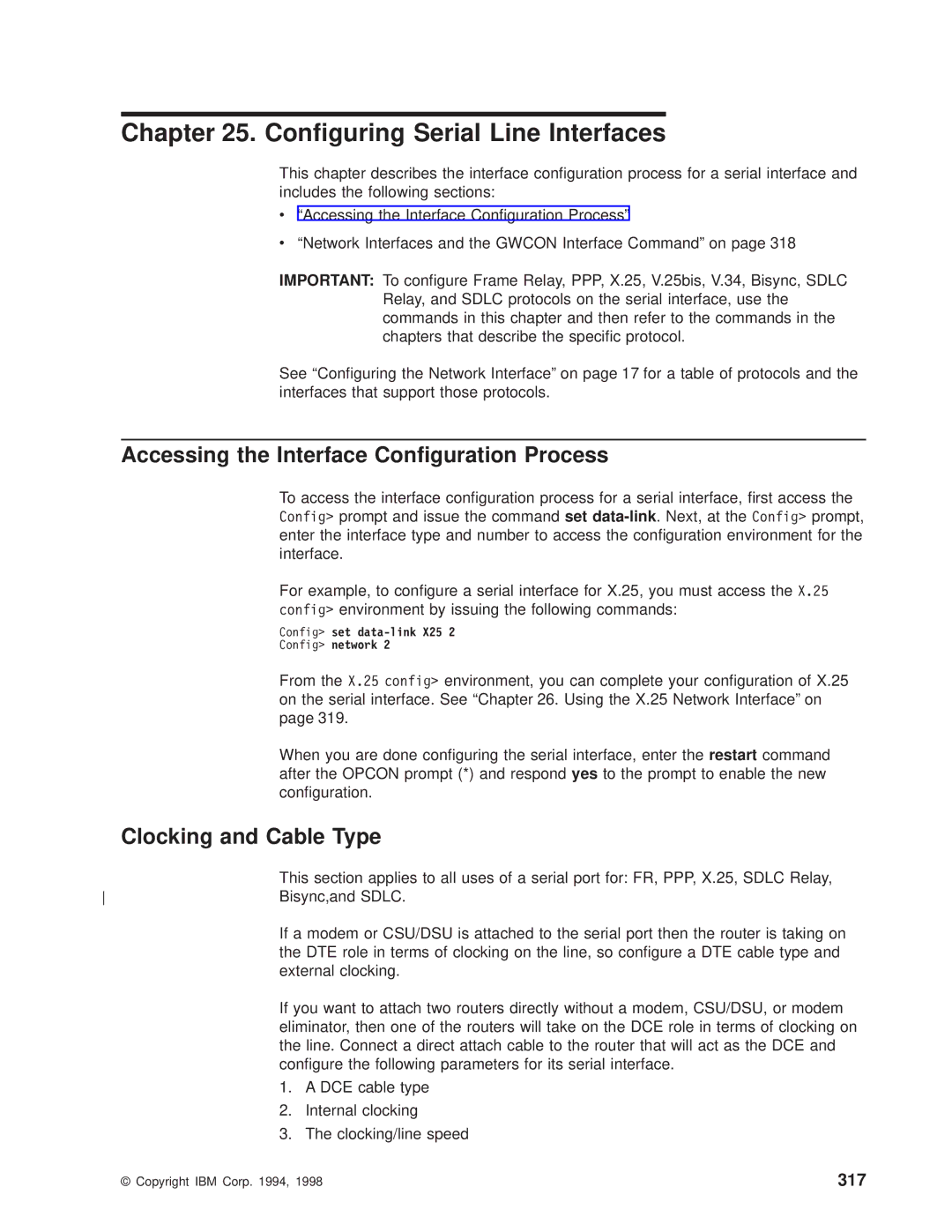 IBM SC30-3681-08 manual Conguring Serial Line Interfaces, Clocking and Cable Type, 317 