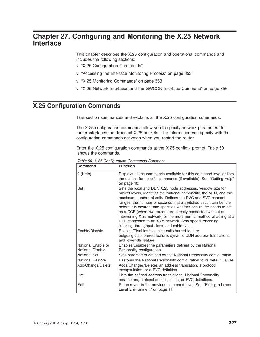 IBM SC30-3681-08 manual Conguring and Monitoring the X.25 Network Interface, Conguration Commands, 327 