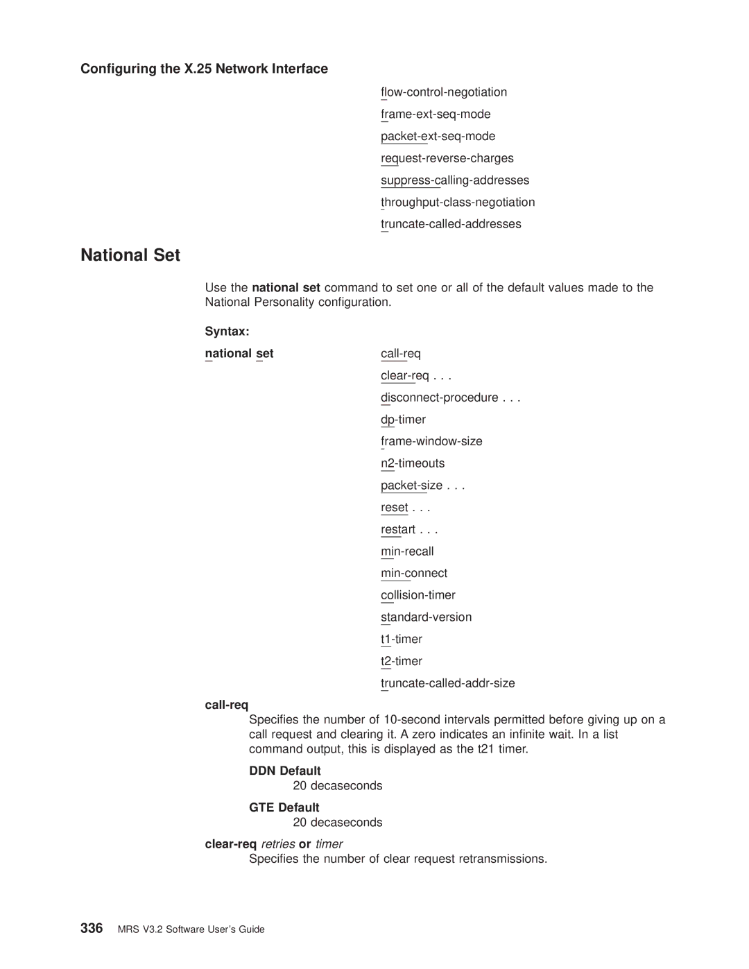 IBM SC30-3681-08 manual National Set, Syntax National set, Call-req, Clear-req retries or timer 