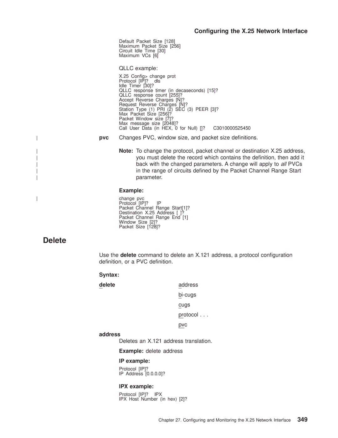 IBM SC30-3681-08 Changes PVC, window size, and packet size denitions, Parameter, Deletes an X.121 address translation 