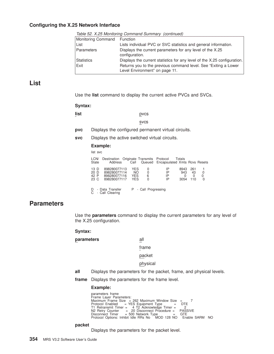 IBM SC30-3681-08 manual Packet, Displays the parameters for the packet level, List svc, Parameters frame 