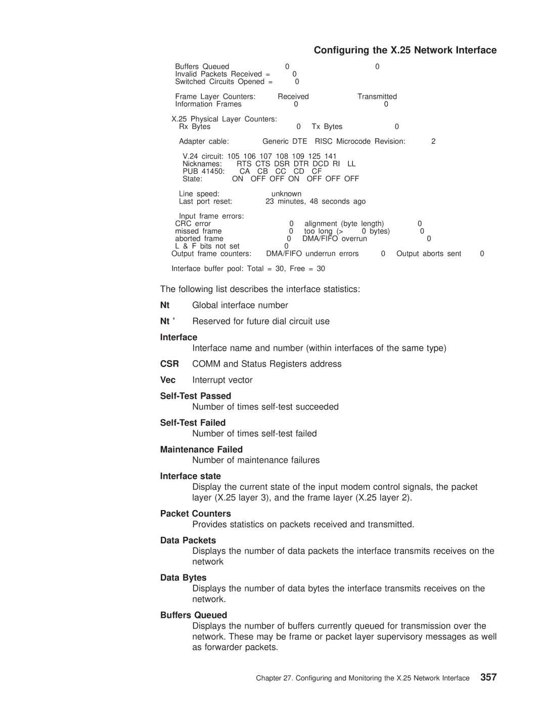 IBM SC30-3681-08 manual Interface state, Packet Counters, Data Packets, Data Bytes, Buffers Queued 