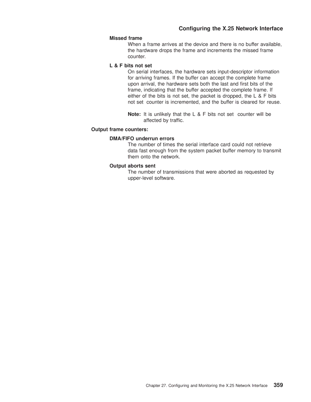 IBM SC30-3681-08 manual Missed frame, Bits not set, Output frame counters DMA/FIFO underrun errors, Output aborts sent 