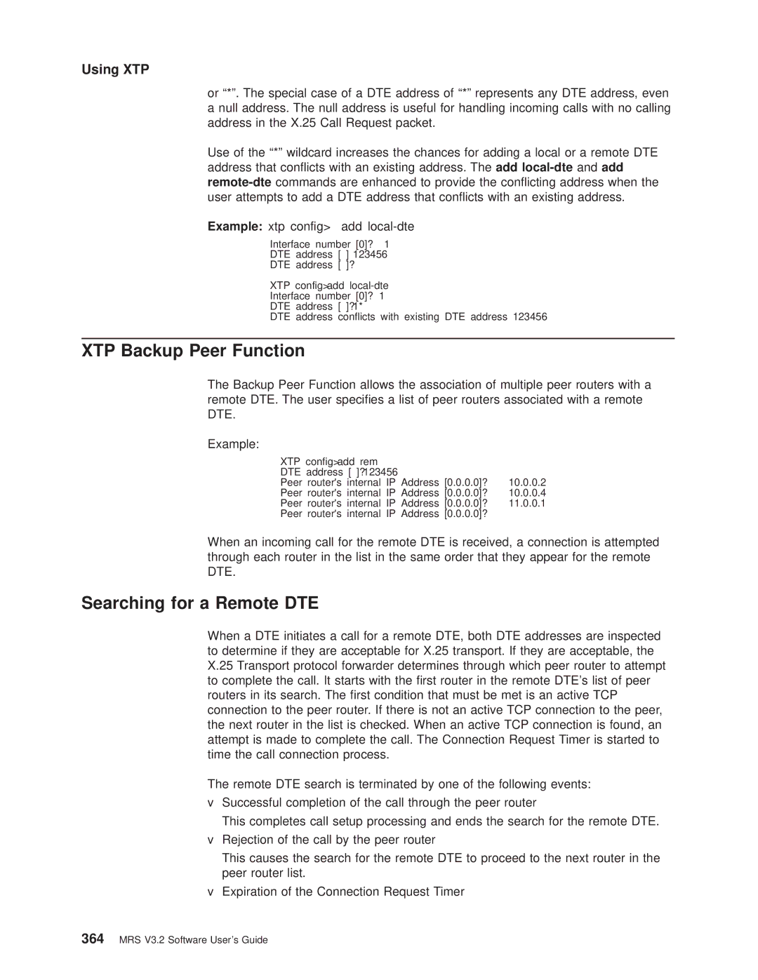 IBM SC30-3681-08 manual XTP Backup Peer Function, Searching for a Remote DTE, XTP configadd local-dte 