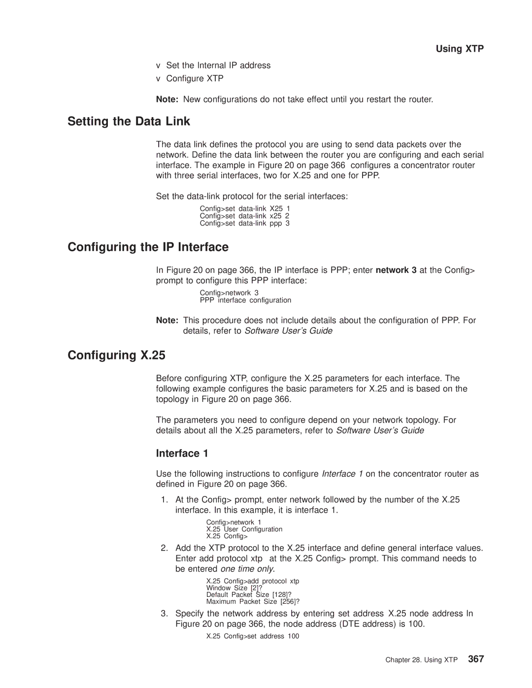 IBM SC30-3681-08 manual Setting the Data Link, Conguring the IP Interface, Set the Internal IP address Congure XTP 