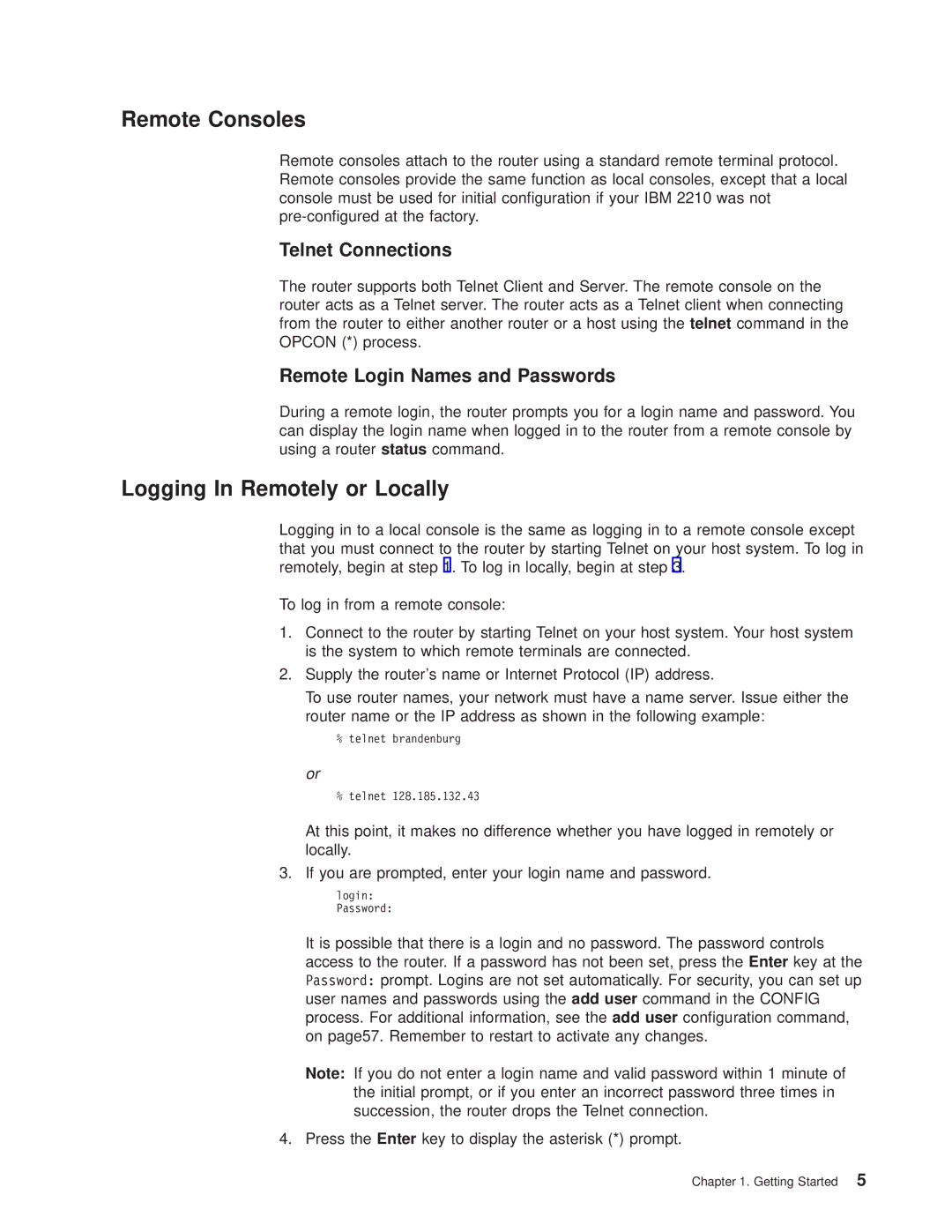 IBM SC30-3681-08 Remote Consoles, Logging In Remotely or Locally, Telnet Connections, Remote Login Names and Passwords 