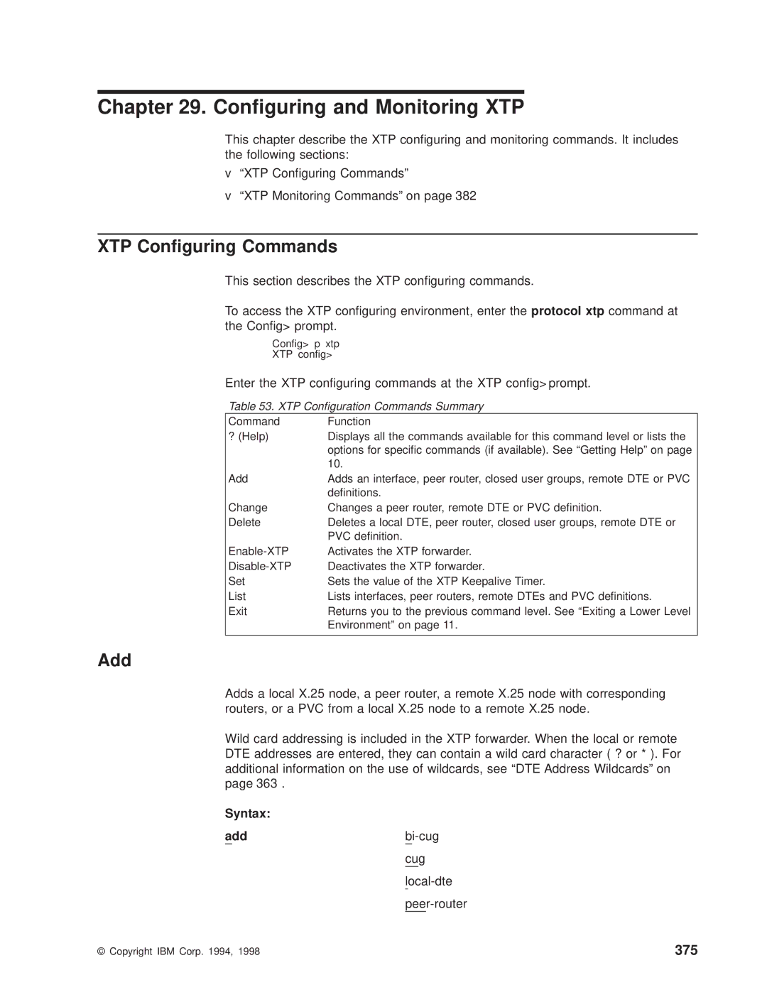 IBM SC30-3681-08 manual Conguring and Monitoring XTP, XTP Conguring Commands, 375 