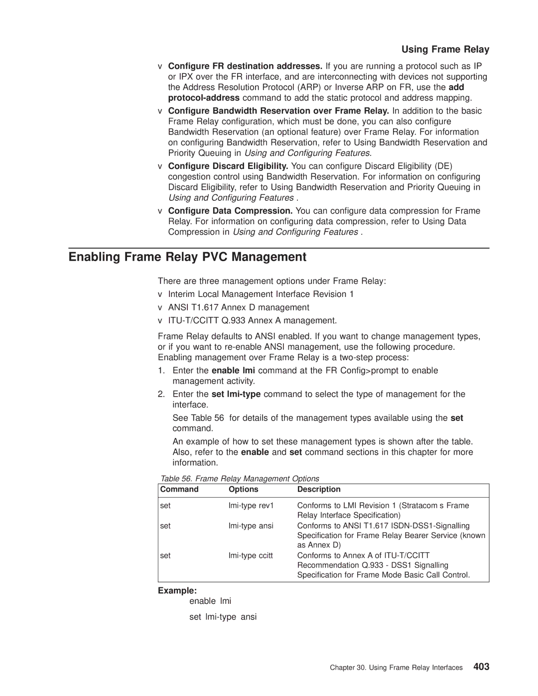 IBM SC30-3681-08 manual Enabling Frame Relay PVC Management, Example enable lmi, Frame Relay Management Options 