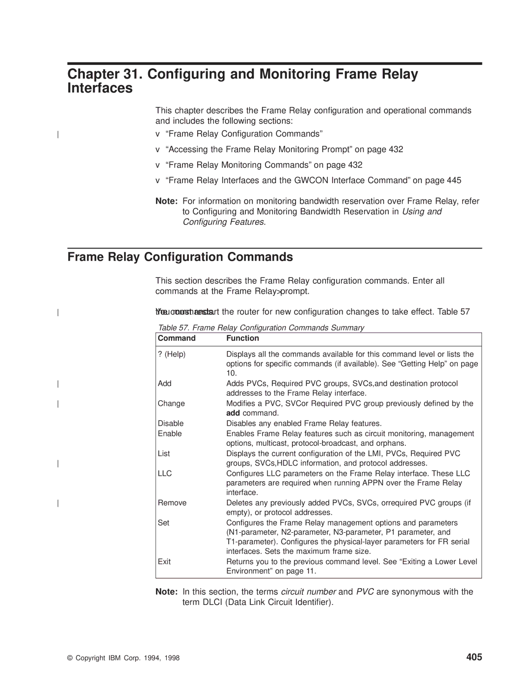 IBM SC30-3681-08 manual Conguring and Monitoring Frame Relay, Interfaces, Frame Relay Conguration Commands, 405 