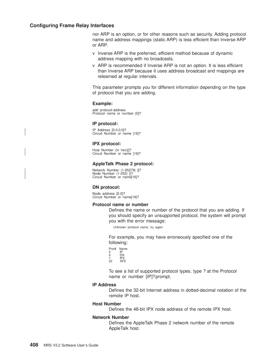 IBM SC30-3681-08 IP protocol, IPX protocol, AppleTalk Phase 2 protocol, DN protocol, Protocol name or number, Host Number 