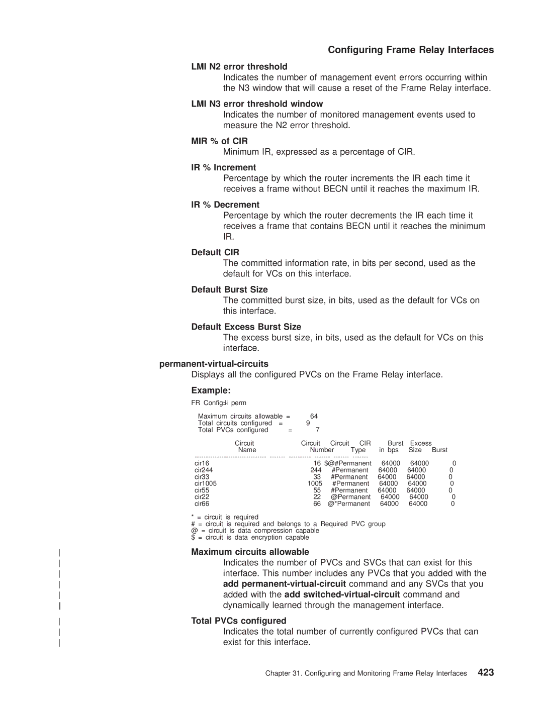 IBM SC30-3681-08 manual LMI N2 error threshold, LMI N3 error threshold window, MIR % of CIR, IR % Increment, IR % Decrement 