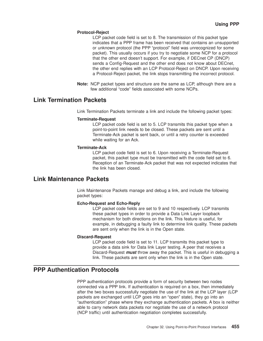 IBM SC30-3681-08 manual Link Termination Packets, Link Maintenance Packets, PPP Authentication Protocols 