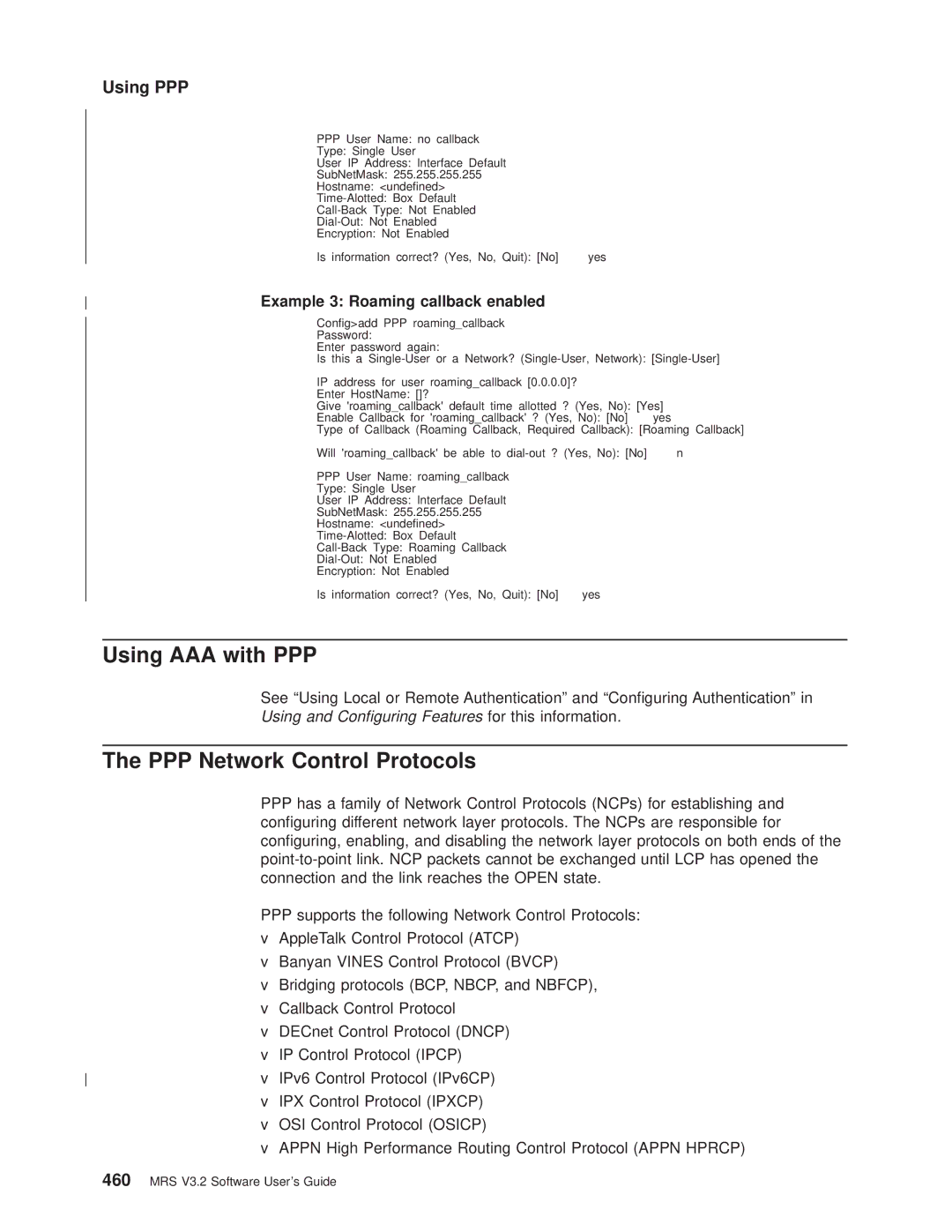 IBM SC30-3681-08 manual Using AAA with PPP, PPP Network Control Protocols, Example 3 Roaming callback enabled 