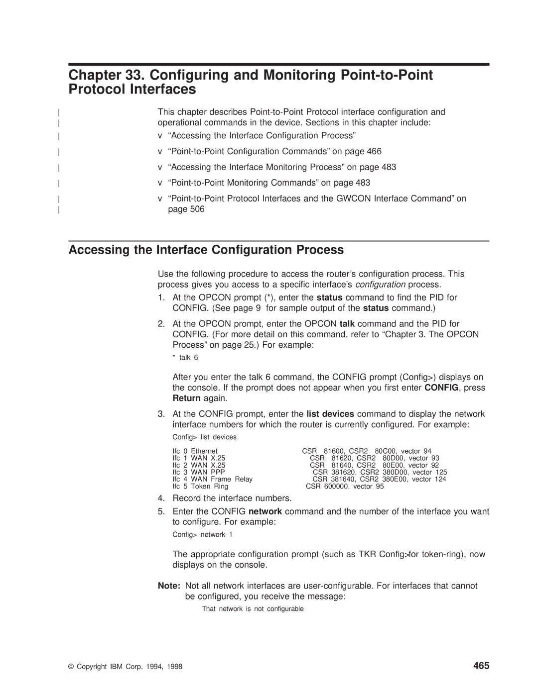 IBM SC30-3681-08 manual Conguring and Monitoring Point-to-Point, Protocol Interfaces, 465 