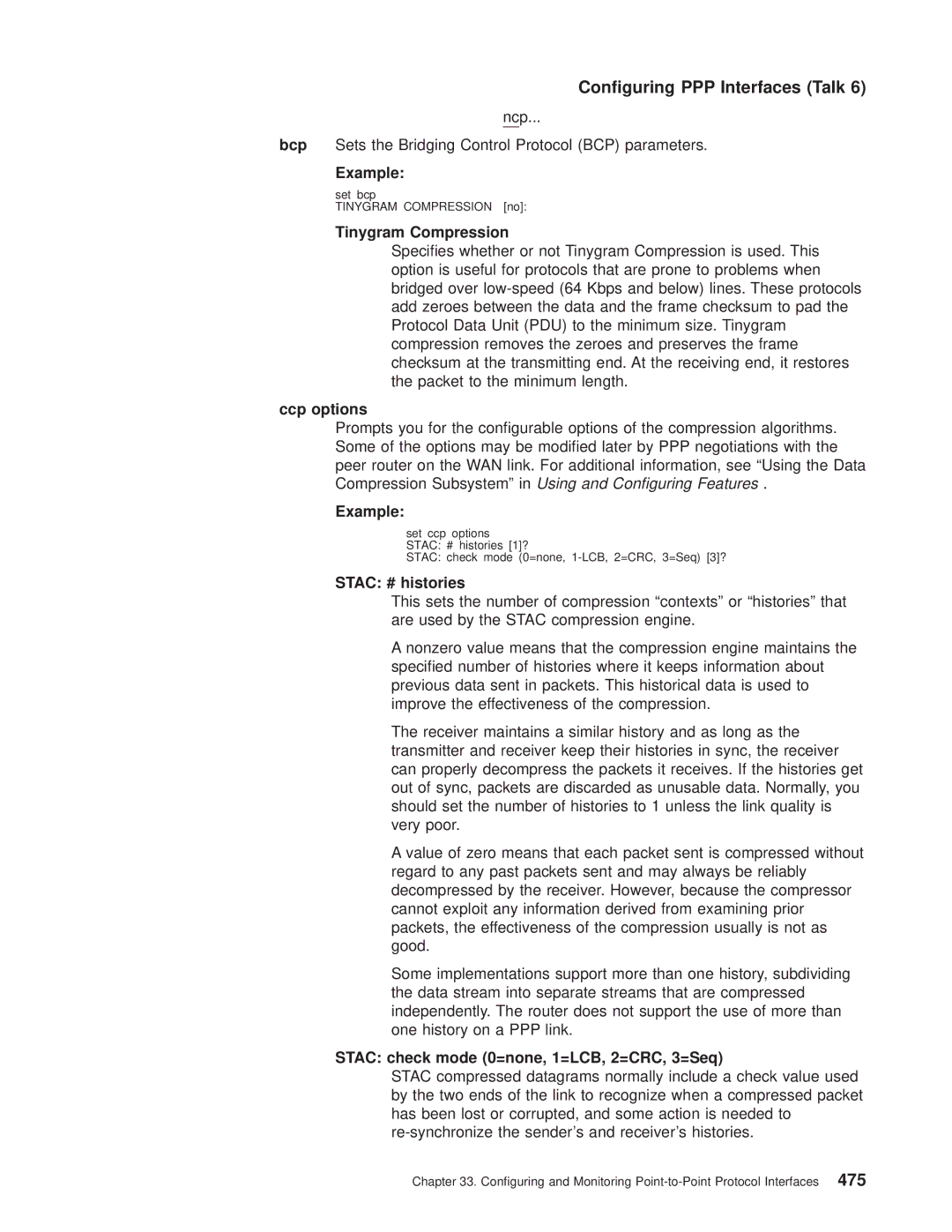 IBM SC30-3681-08 manual Ncp Bcp Sets the Bridging Control Protocol BCP parameters, Ccp options, Stac # histories 