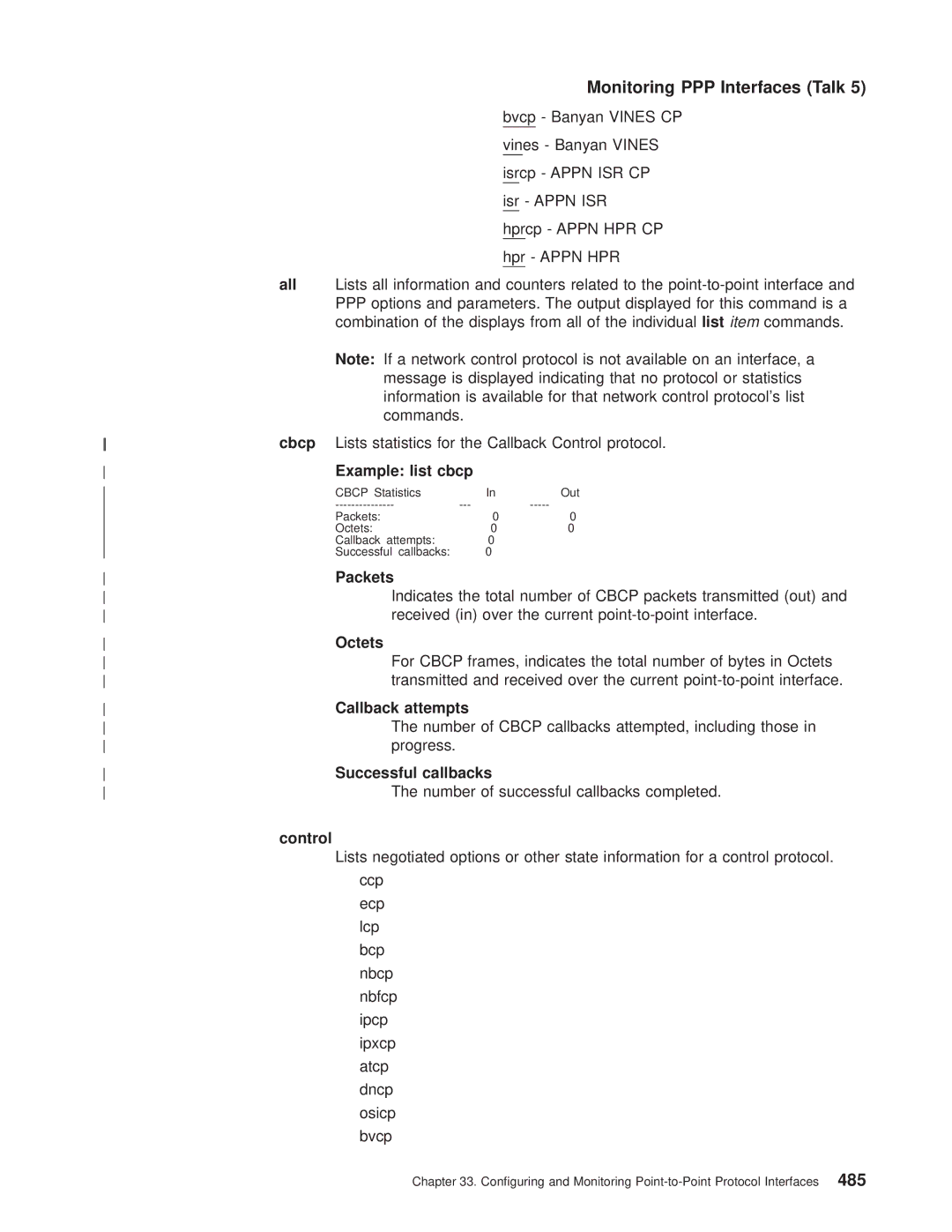 IBM SC30-3681-08 manual Example list cbcp, Packets, Octets, Callback attempts, Successful callbacks, Control 