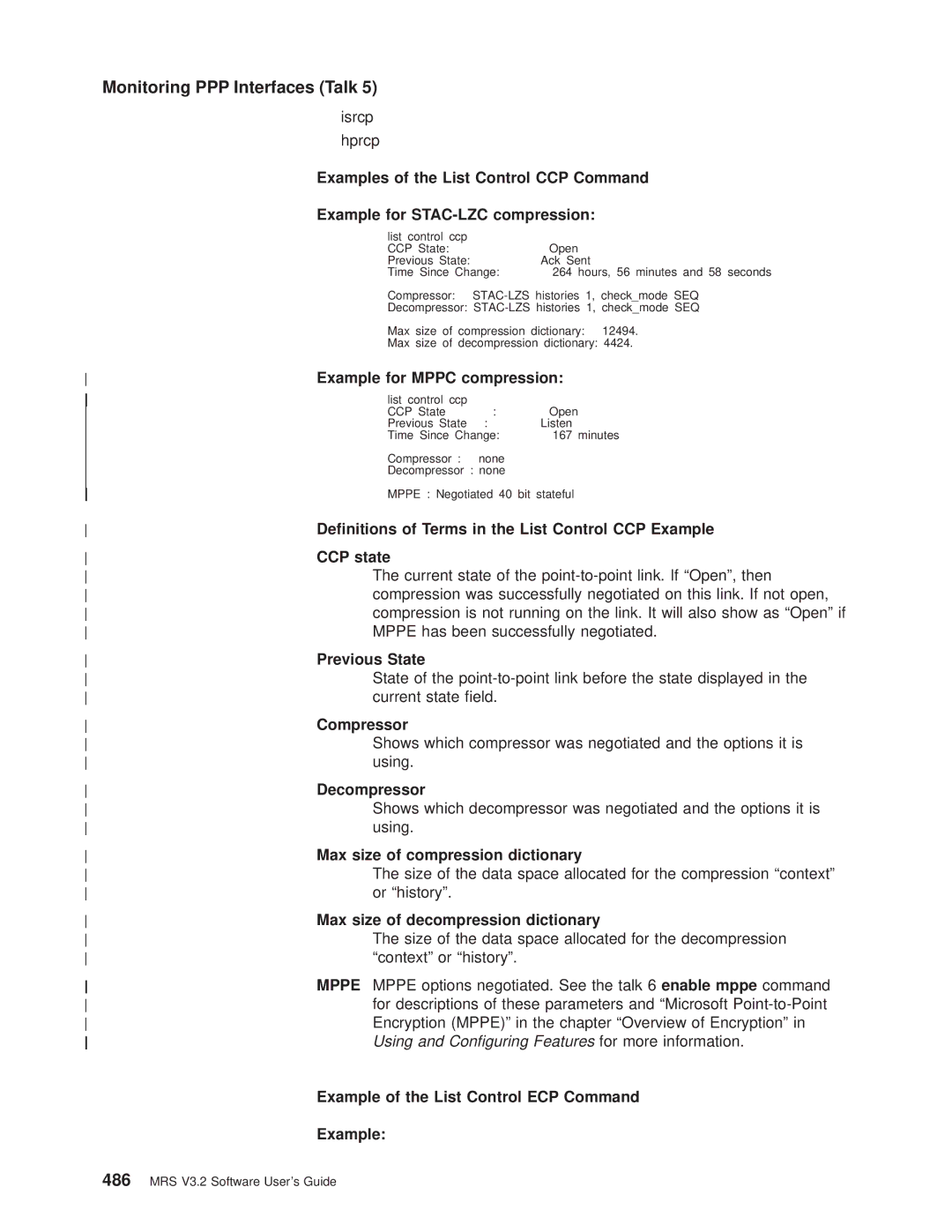 IBM SC30-3681-08 Example for Mppc compression, Denitions of Terms in the List Control CCP Example, CCP state, Compressor 