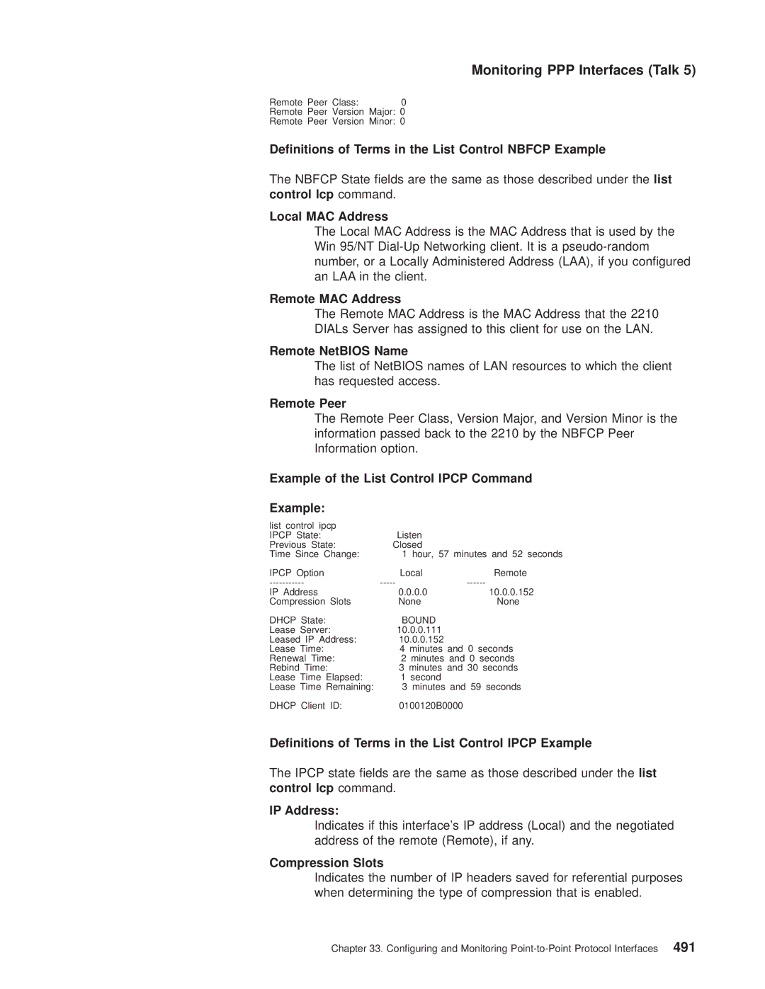 IBM SC30-3681-08 manual Denitions of Terms in the List Control Nbfcp Example, Remote Peer, Compression Slots 