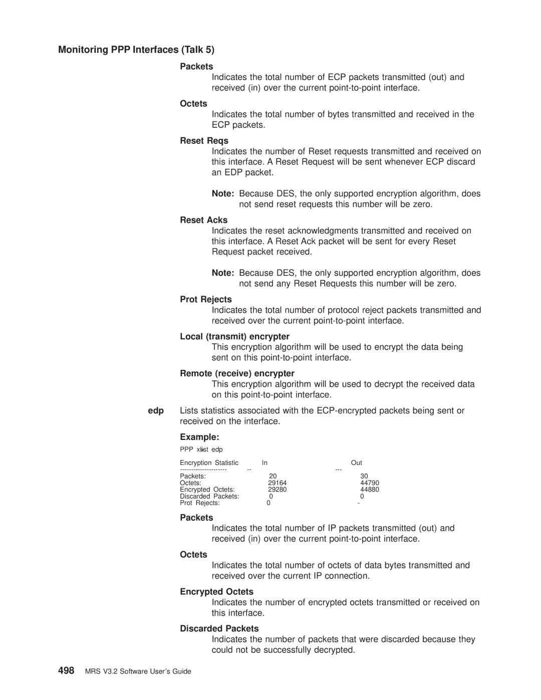 IBM SC30-3681-08 manual Reset Reqs, Reset Acks, Prot Rejects, Encrypted Octets, Discarded Packets 