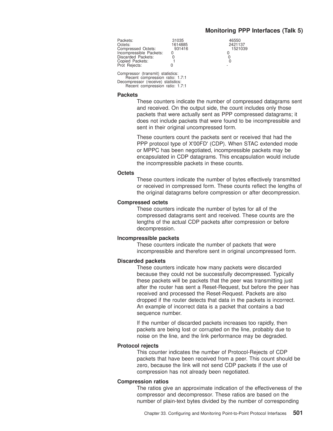 IBM SC30-3681-08 manual Compressed octets, Incompressible packets, Protocol rejects, Compression ratios 