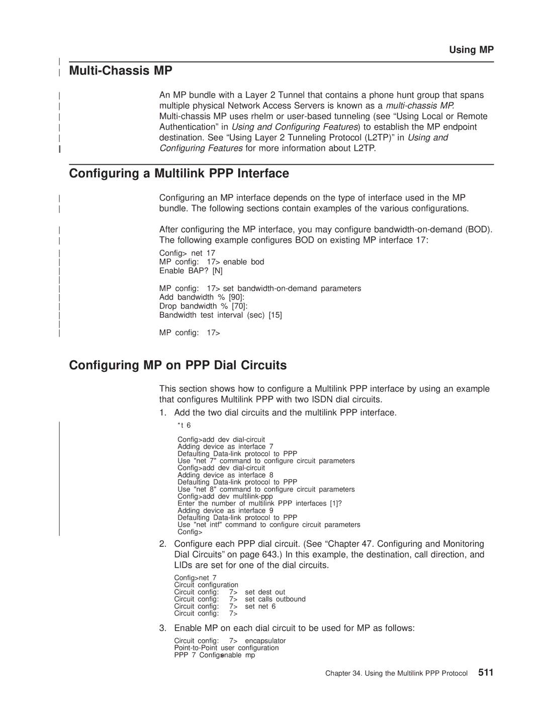 IBM SC30-3681-08 manual Multi-Chassis MP, Conguring a Multilink PPP Interface, Conguring MP on PPP Dial Circuits 