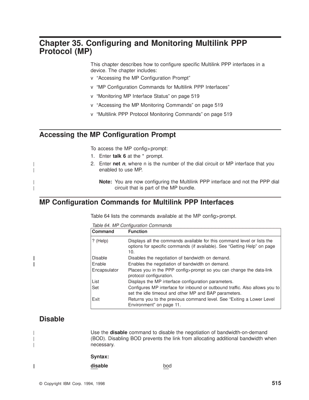 IBM SC30-3681-08 manual Conguring and Monitoring Multilink PPP Protocol MP, Accessing the MP Conguration Prompt, 515 