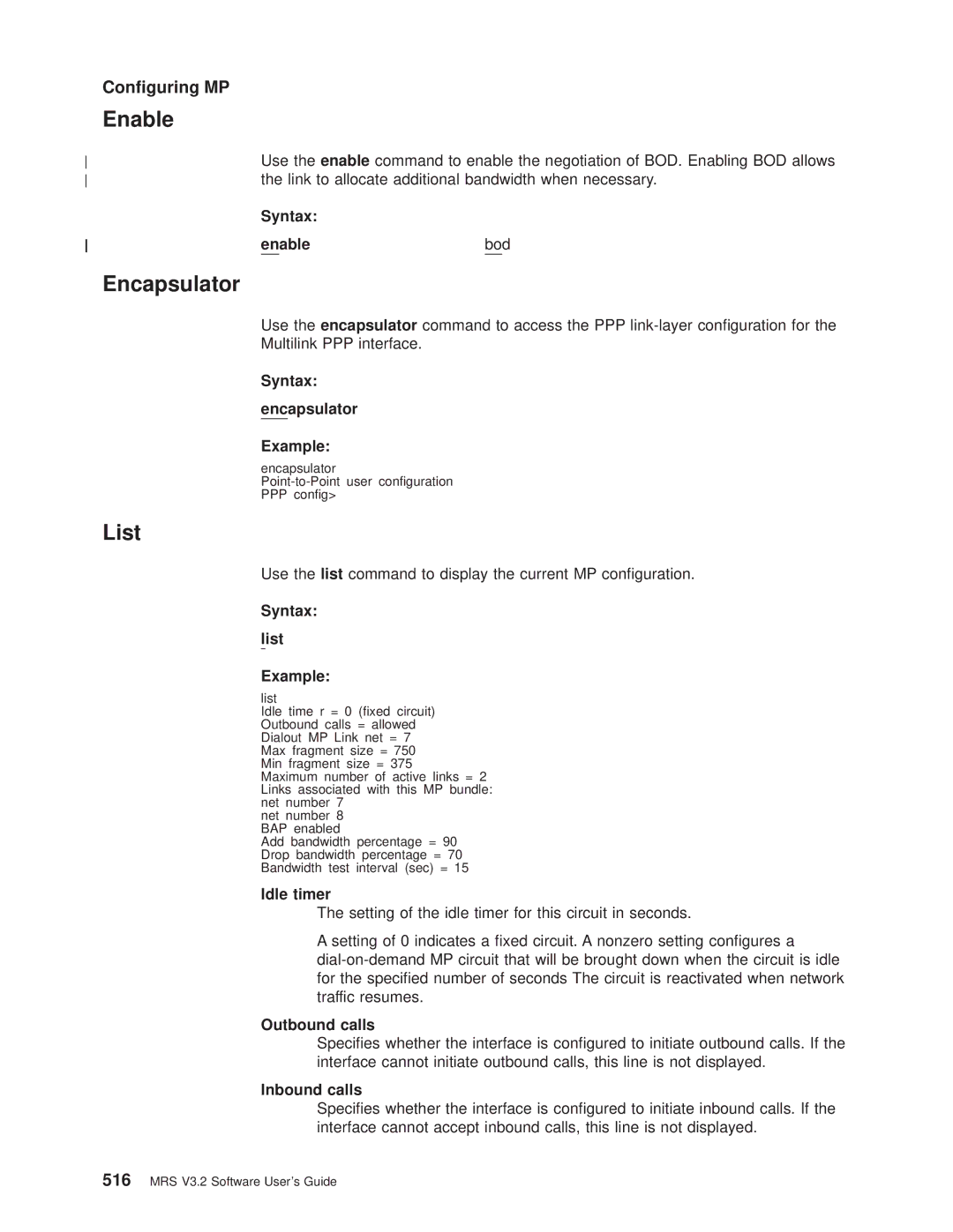 IBM SC30-3681-08 manual Conguring MP, Syntax Encapsulator Example, Outbound calls, Inbound calls 