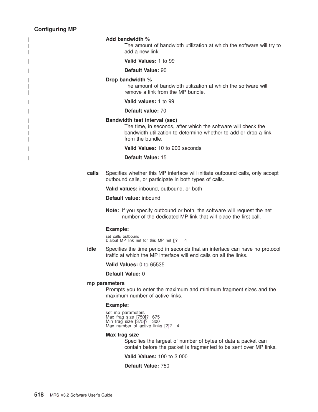 IBM SC30-3681-08 Add bandwidth %, Drop bandwidth %, Bandwidth test interval sec, Default value inbound, Max frag size 