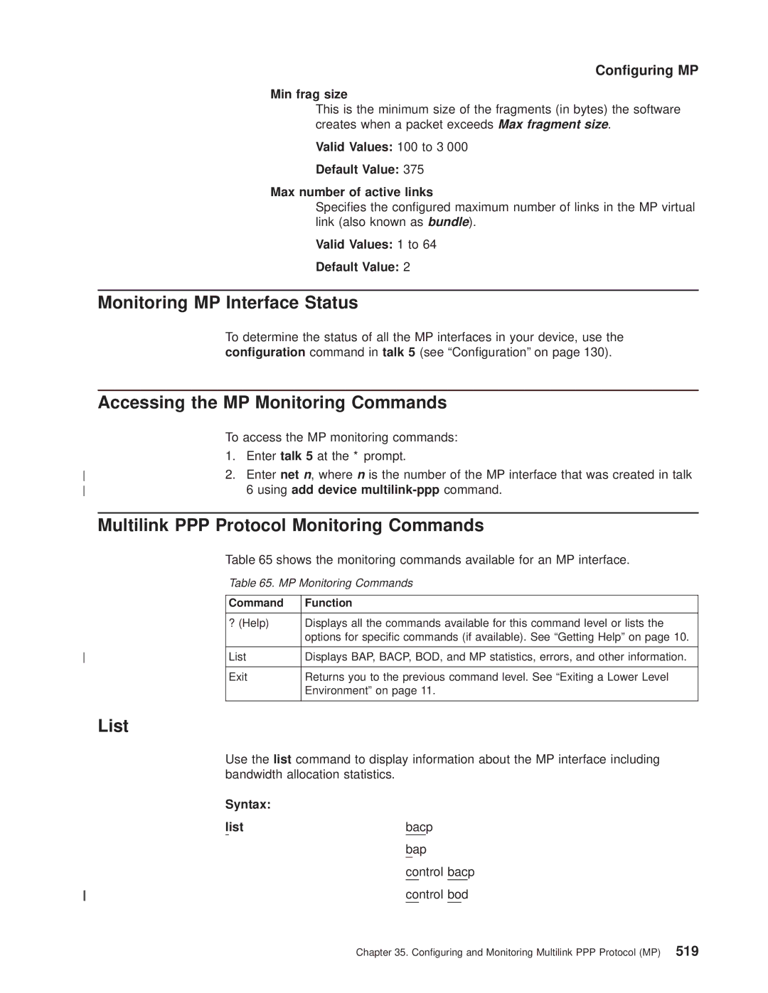 IBM SC30-3681-08 manual Monitoring MP Interface Status, Accessing the MP Monitoring Commands, Min frag size 