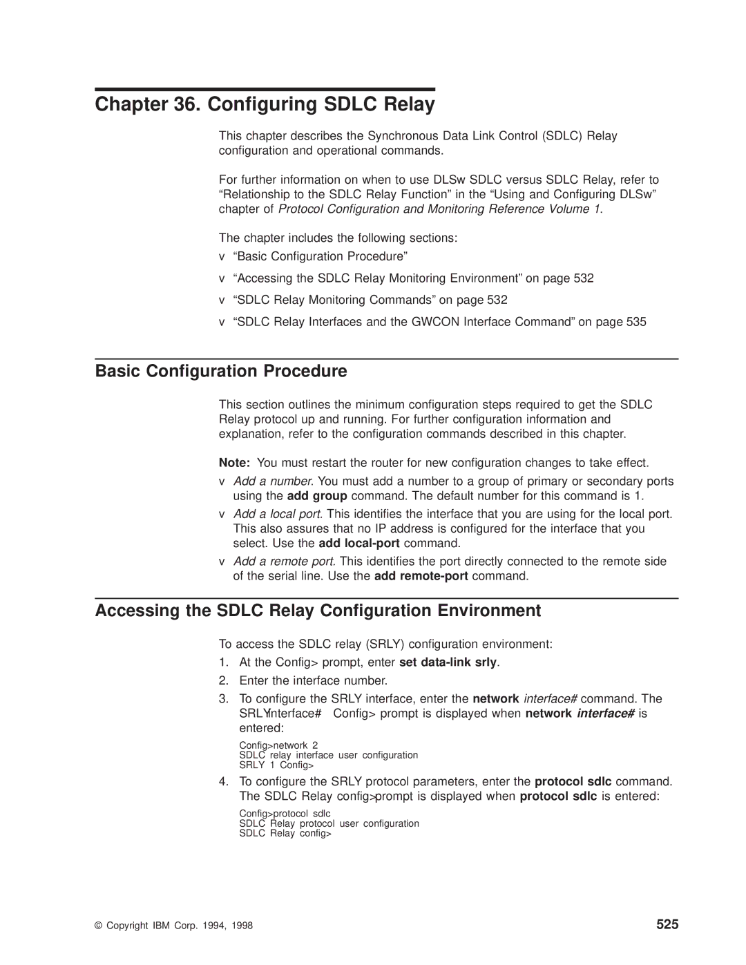 IBM SC30-3681-08 Conguring Sdlc Relay, Basic Conguration Procedure, Accessing the Sdlc Relay Conguration Environment, 525 