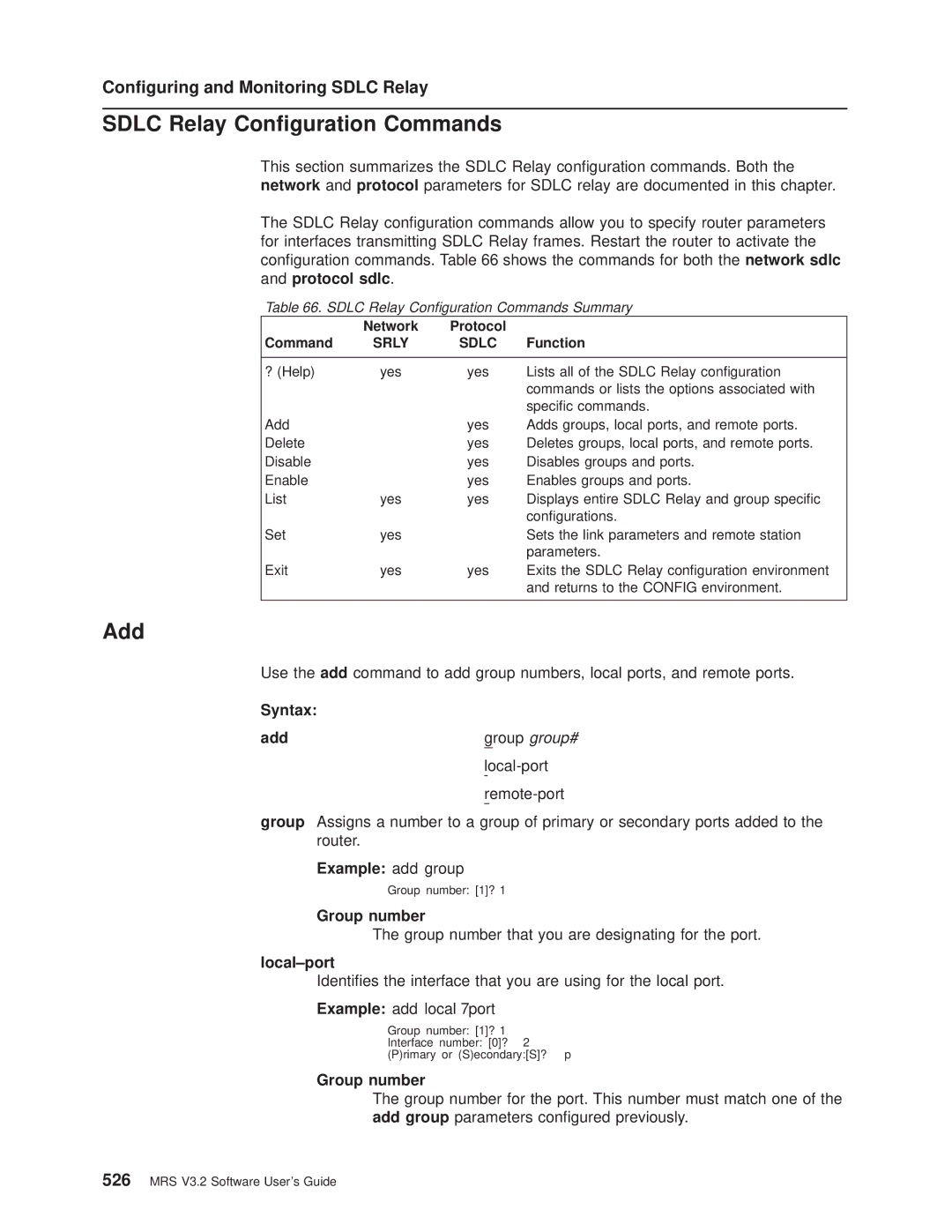 IBM SC30-3681-08 Sdlc Relay Conguration Commands, Conguring and Monitoring Sdlc Relay, Example add group, Group number 