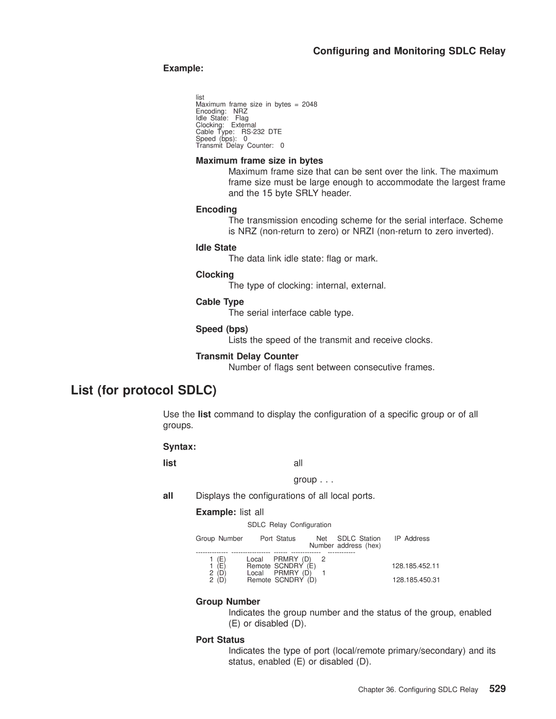 IBM SC30-3681-08 manual List for protocol Sdlc, Maximum frame size in bytes, Example list all, Port Status 