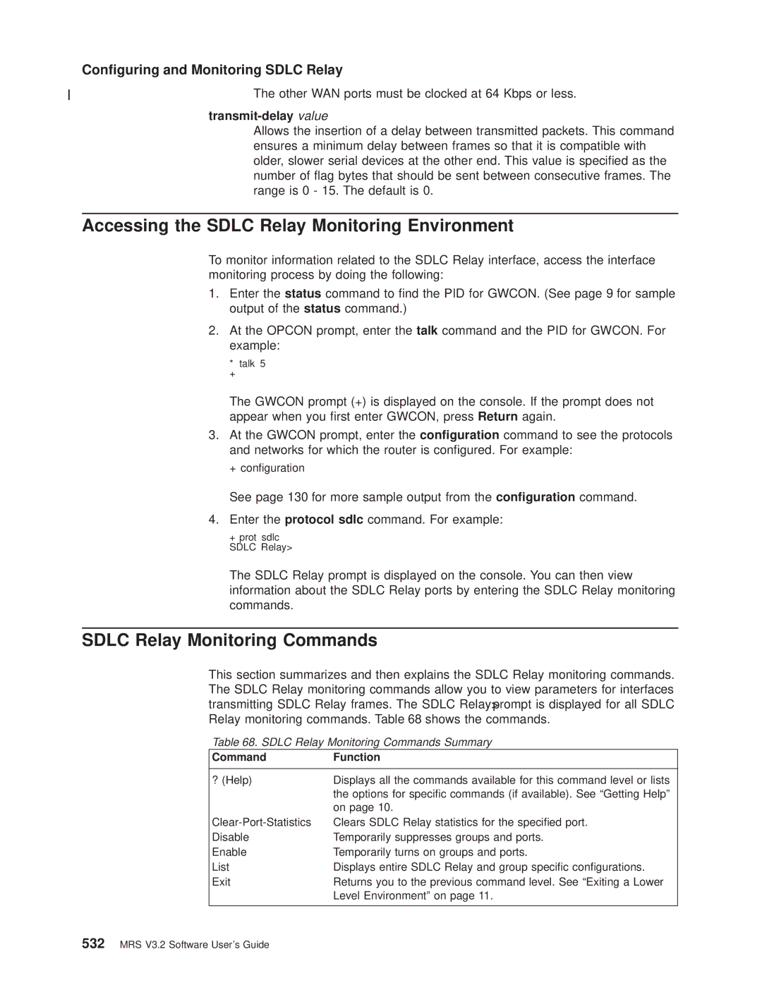 IBM SC30-3681-08 Accessing the Sdlc Relay Monitoring Environment, Sdlc Relay Monitoring Commands, Transmit-delay value 