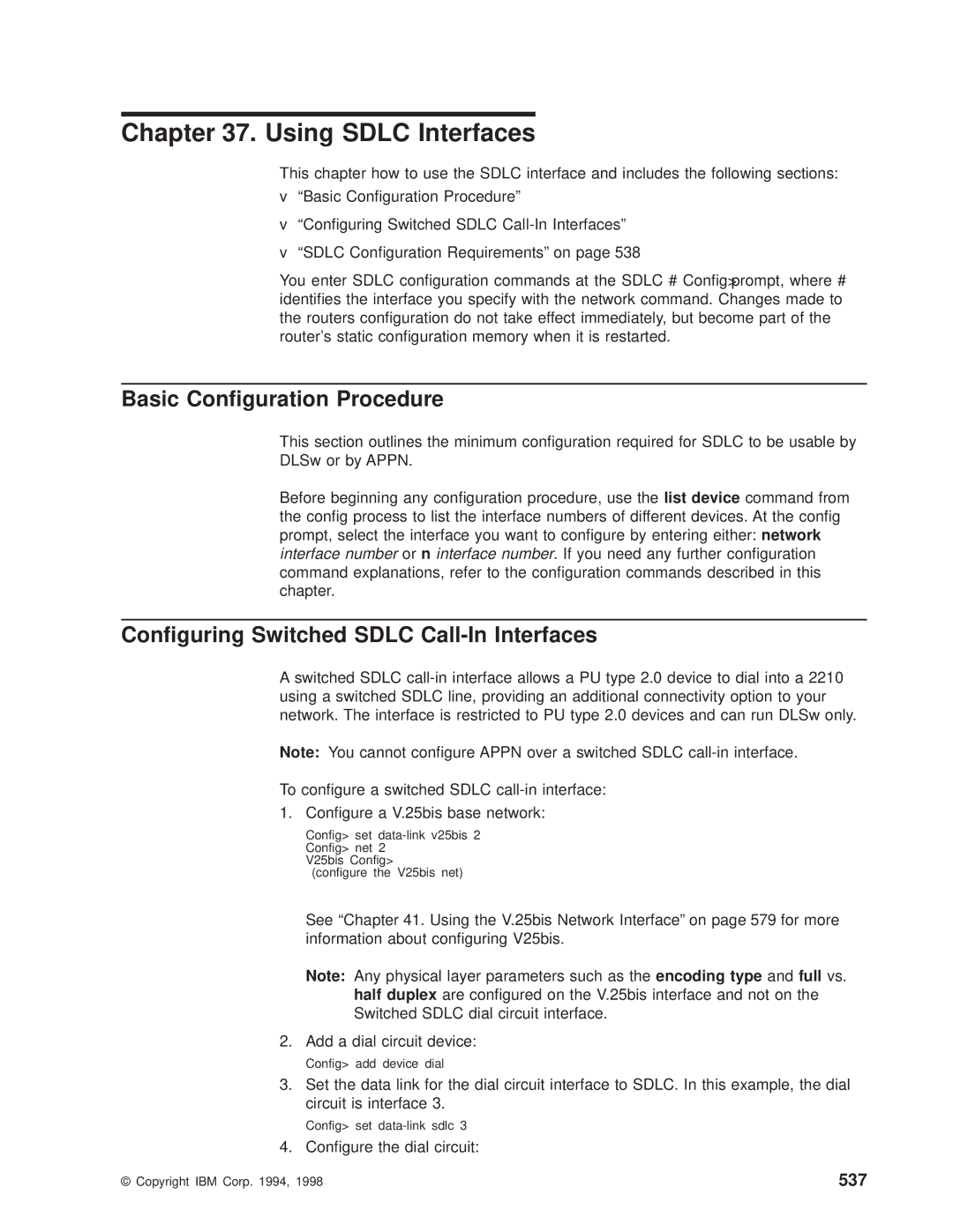 IBM SC30-3681-08 manual Using Sdlc Interfaces, Conguring Switched Sdlc Call-In Interfaces, 537, Congure the dial circuit 