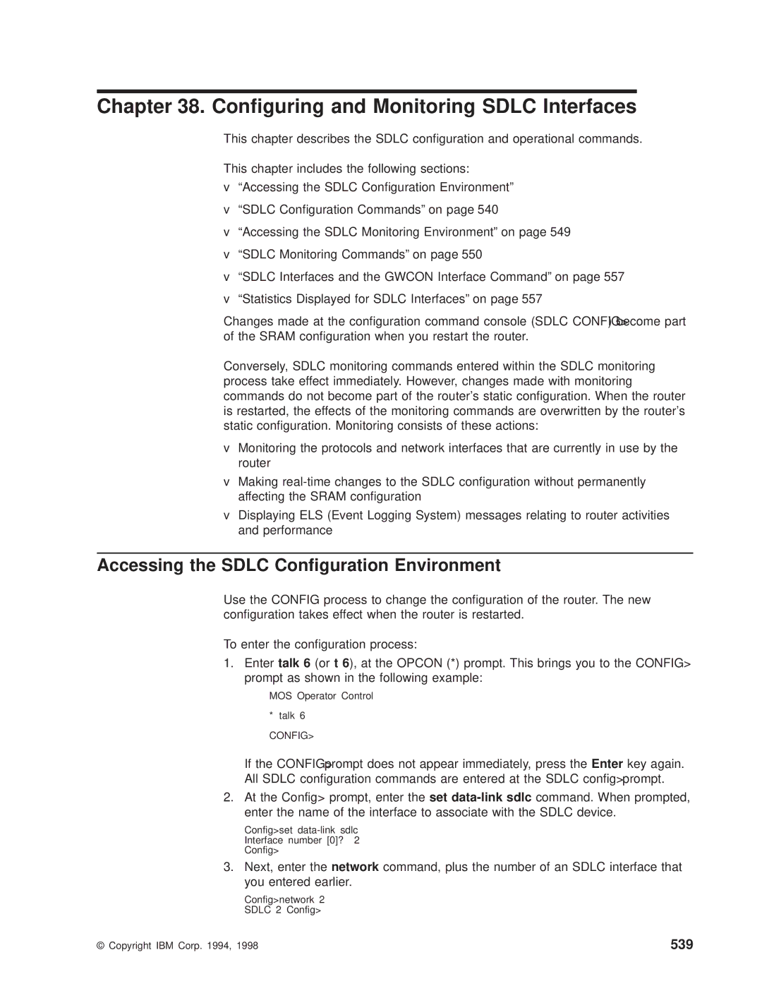 IBM SC30-3681-08 manual Conguring and Monitoring Sdlc Interfaces, Accessing the Sdlc Conguration Environment, 539 