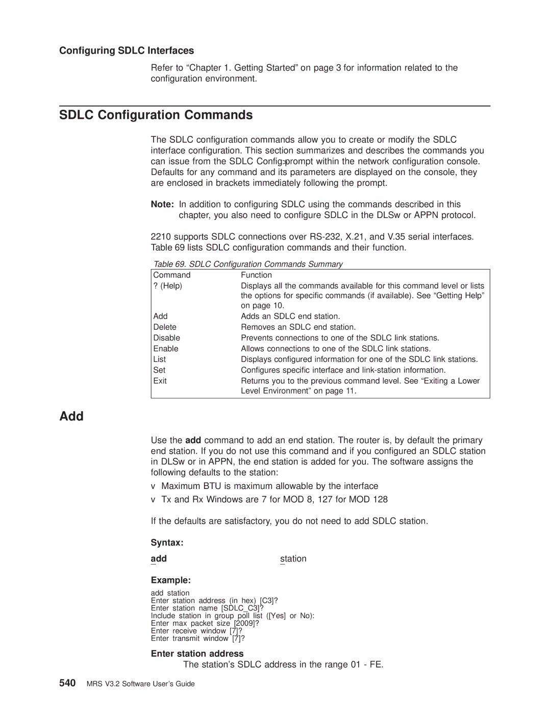 IBM SC30-3681-08 Sdlc Conguration Commands, Conguring Sdlc Interfaces, Syntax Add Station Example, Enter station address 