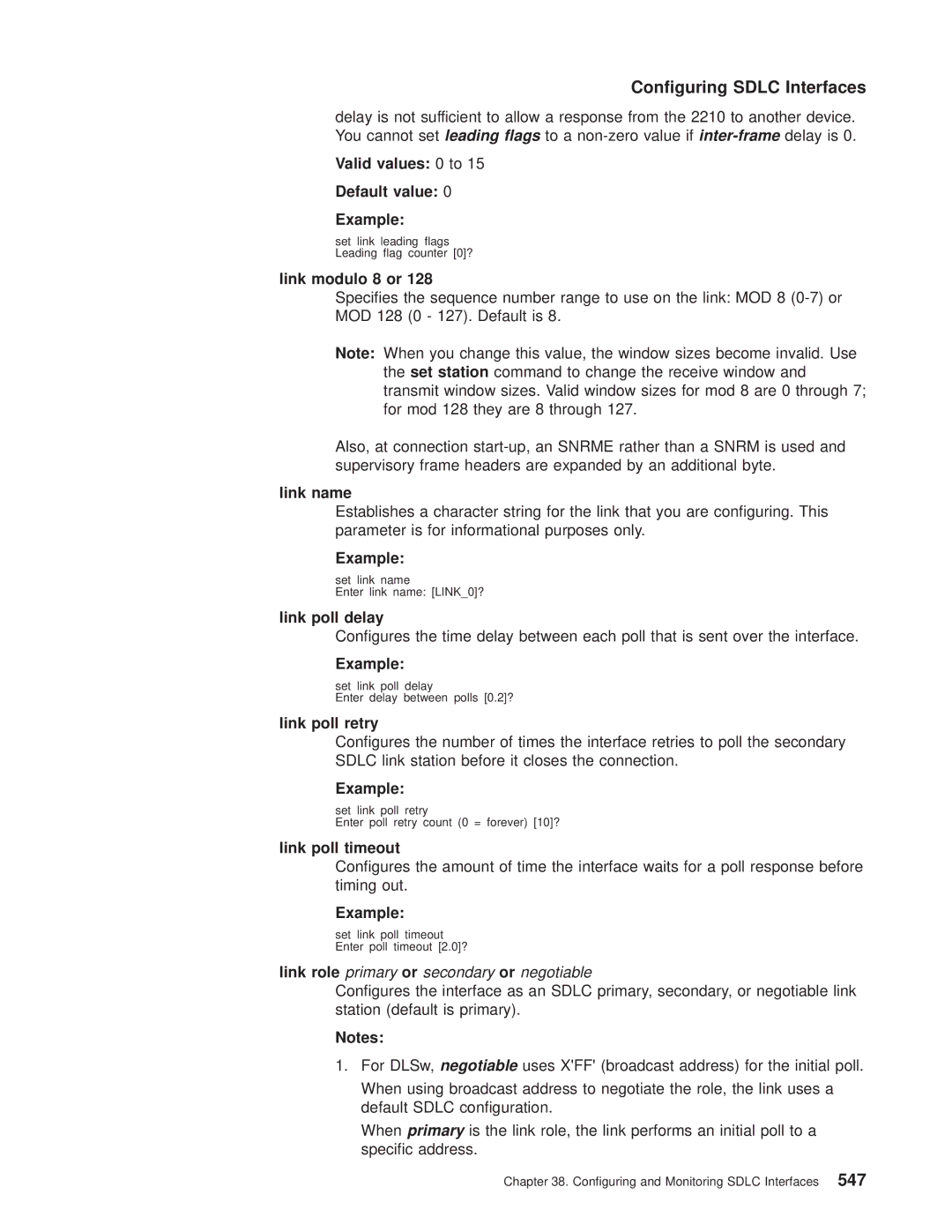 IBM SC30-3681-08 Valid values 0 to Default value Example, Link modulo 8 or, Link name, Link poll delay, Link poll retry 