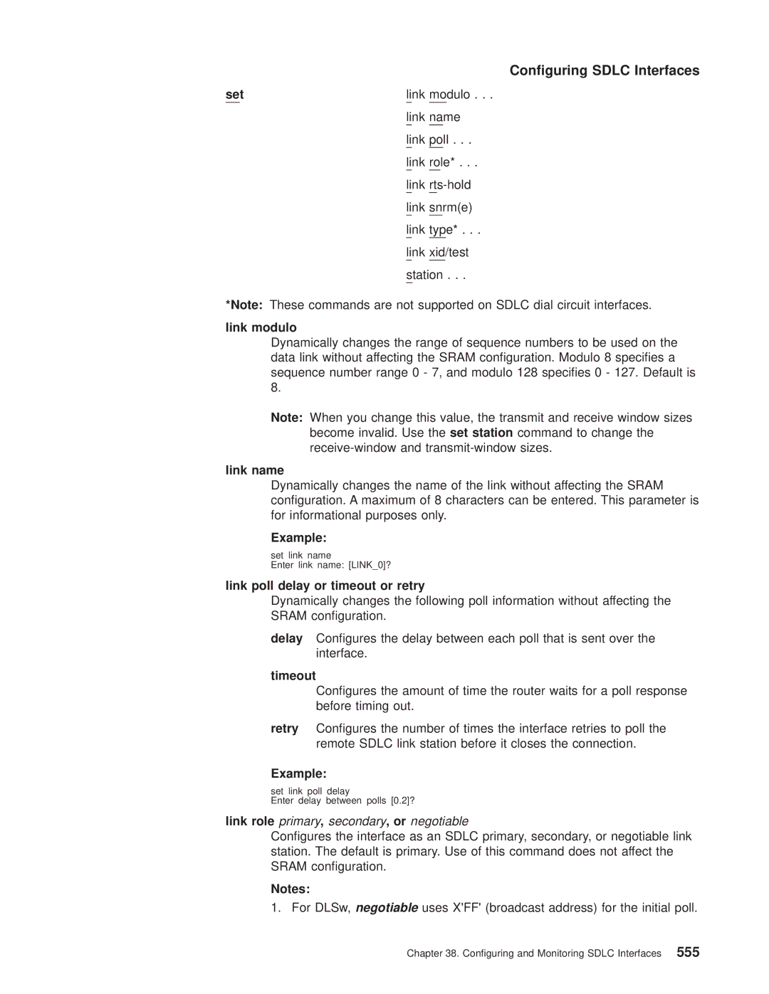 IBM SC30-3681-08 Link snrme, Link modulo, Link poll delay or timeout or retry, Link role primary, secondary, or negotiable 