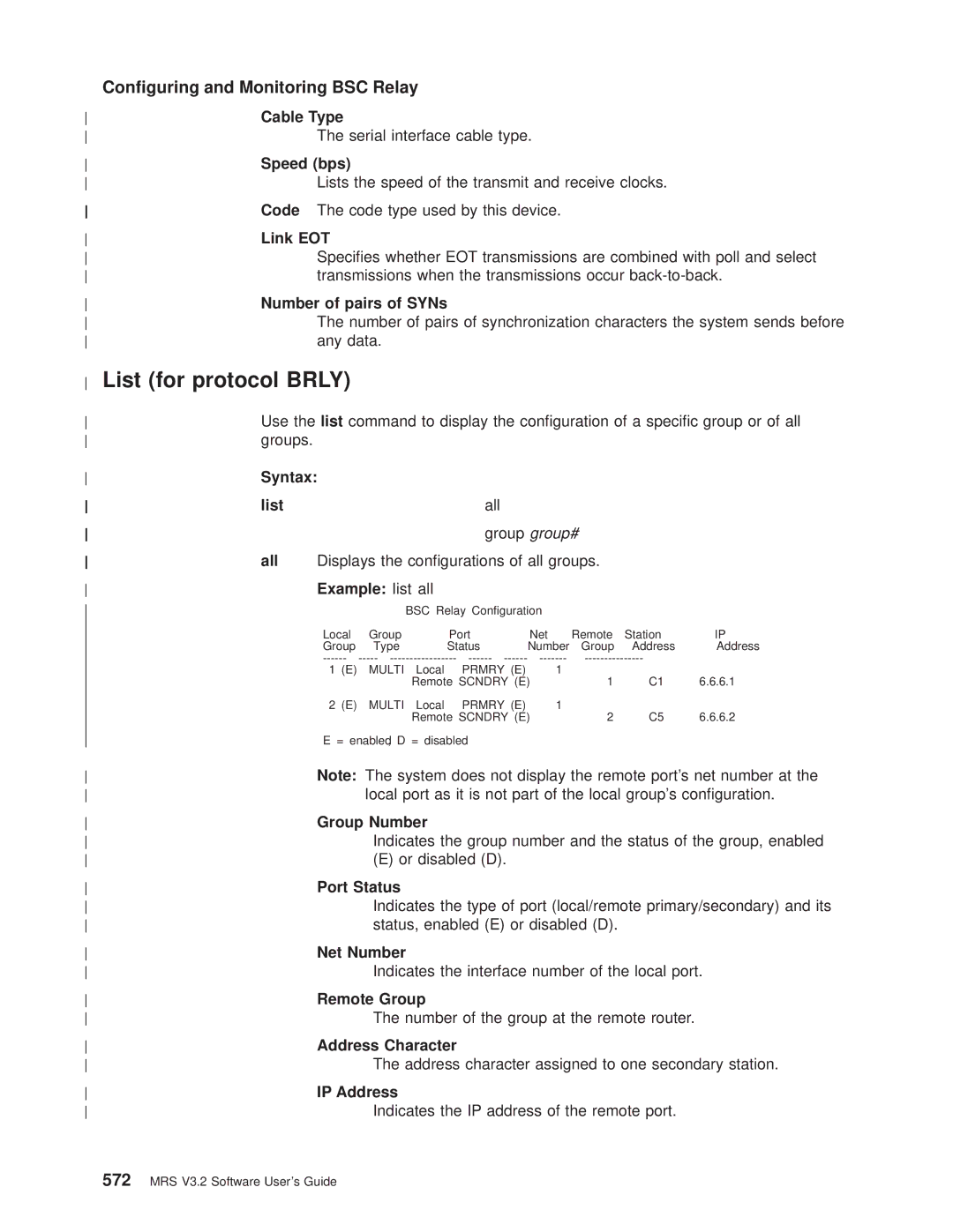 IBM SC30-3681-08 manual List for protocol Brly, Link EOT, Number of pairs of SYNs, Remote Group, Address Character 