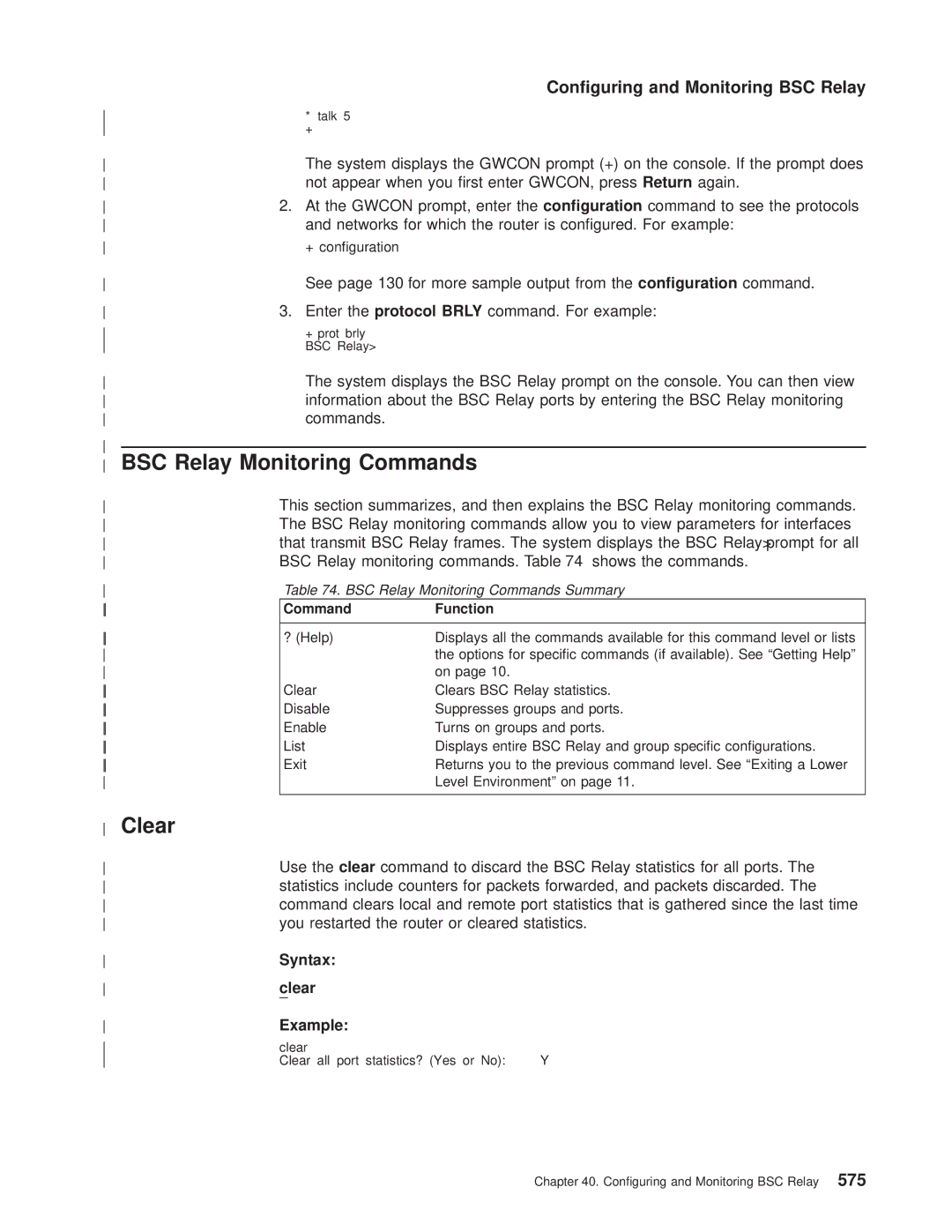 IBM SC30-3681-08 manual BSC Relay Monitoring Commands, Syntax Clear Example 