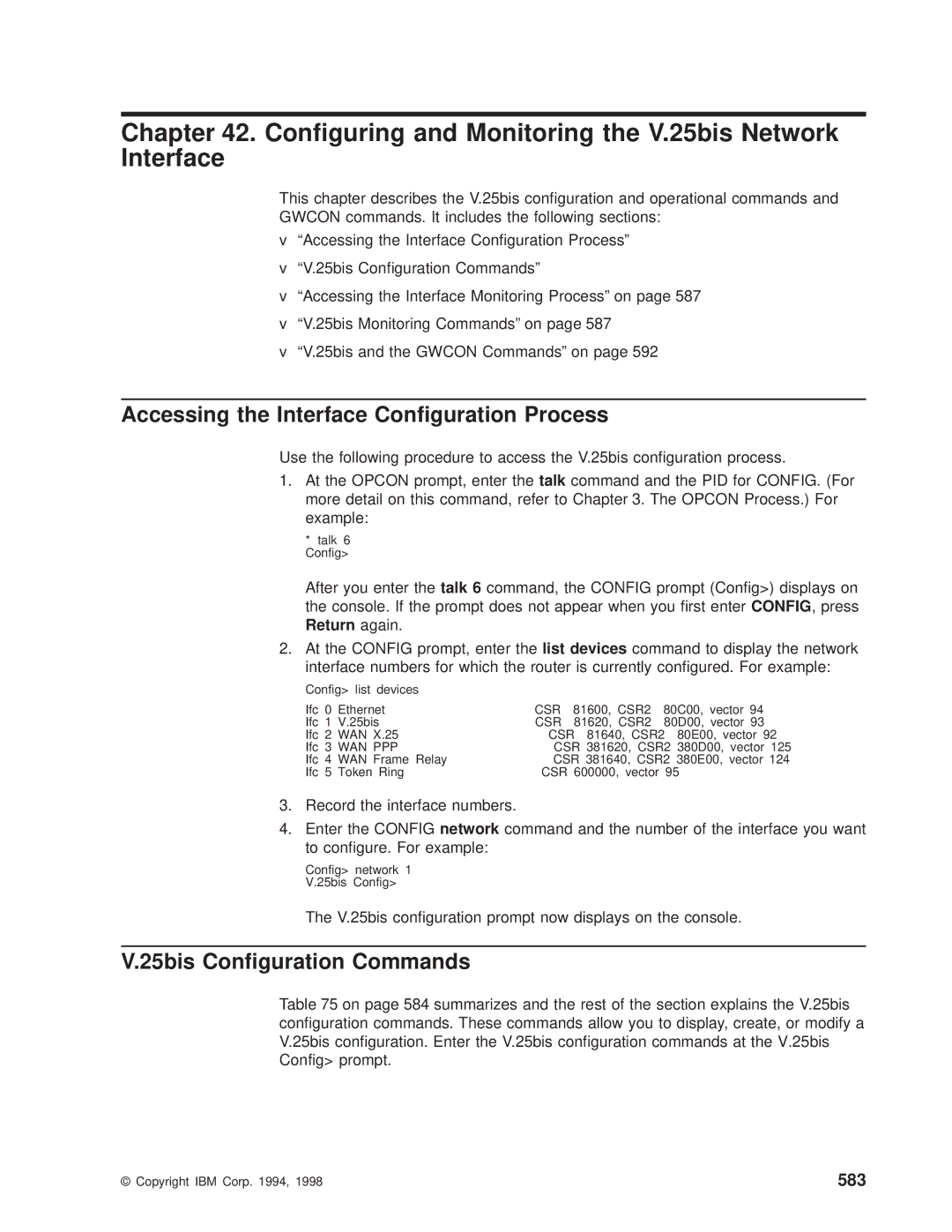 IBM SC30-3681-08 manual Conguring and Monitoring the V.25bis Network Interface, 25bis Conguration Commands, 583 