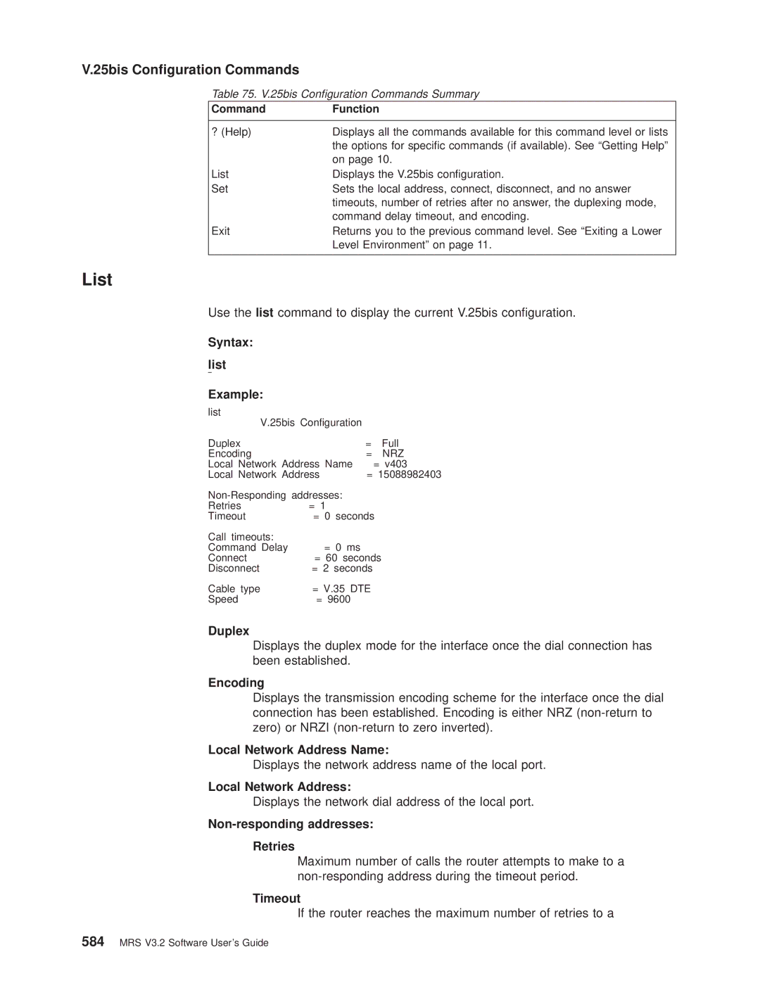 IBM SC30-3681-08 manual 25bis Conguration Commands, Local Network Address Name, Non-responding addresses Retries 