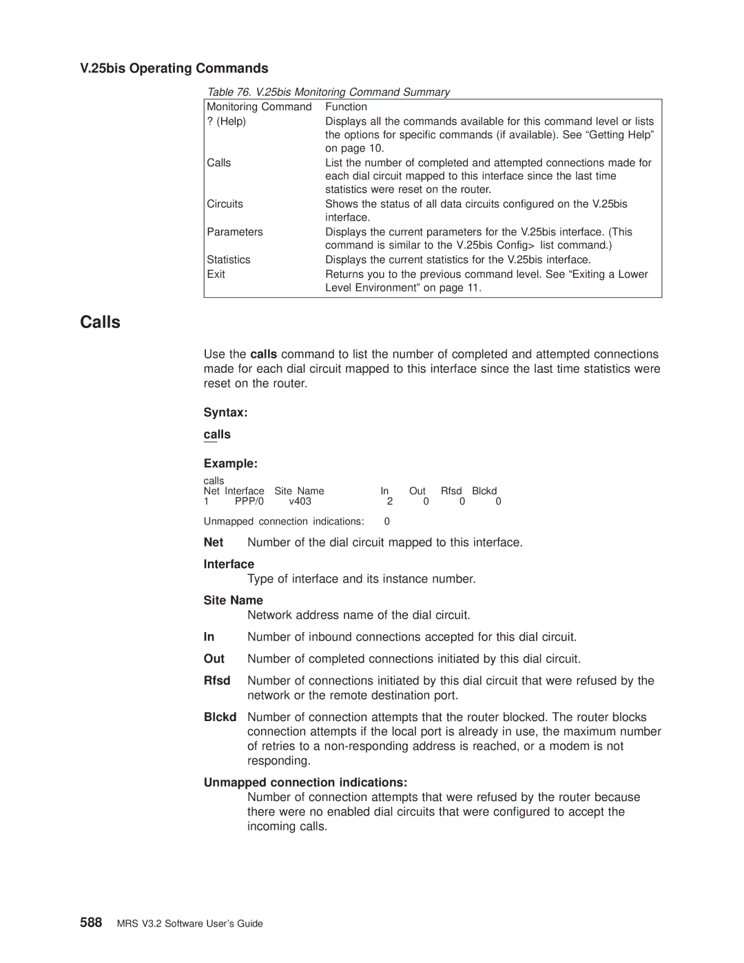 IBM SC30-3681-08 manual Calls, 25bis Operating Commands, Syntax calls Example, Site Name, Unmapped connection indications 