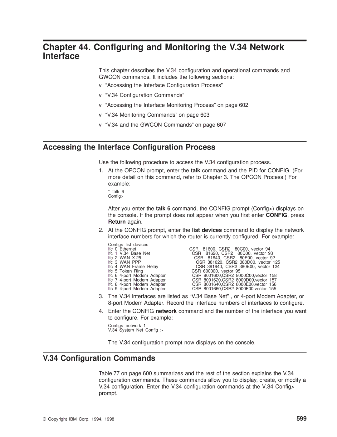 IBM SC30-3681-08 manual Conguring and Monitoring the V.34 Network Interface, 599, Devices 